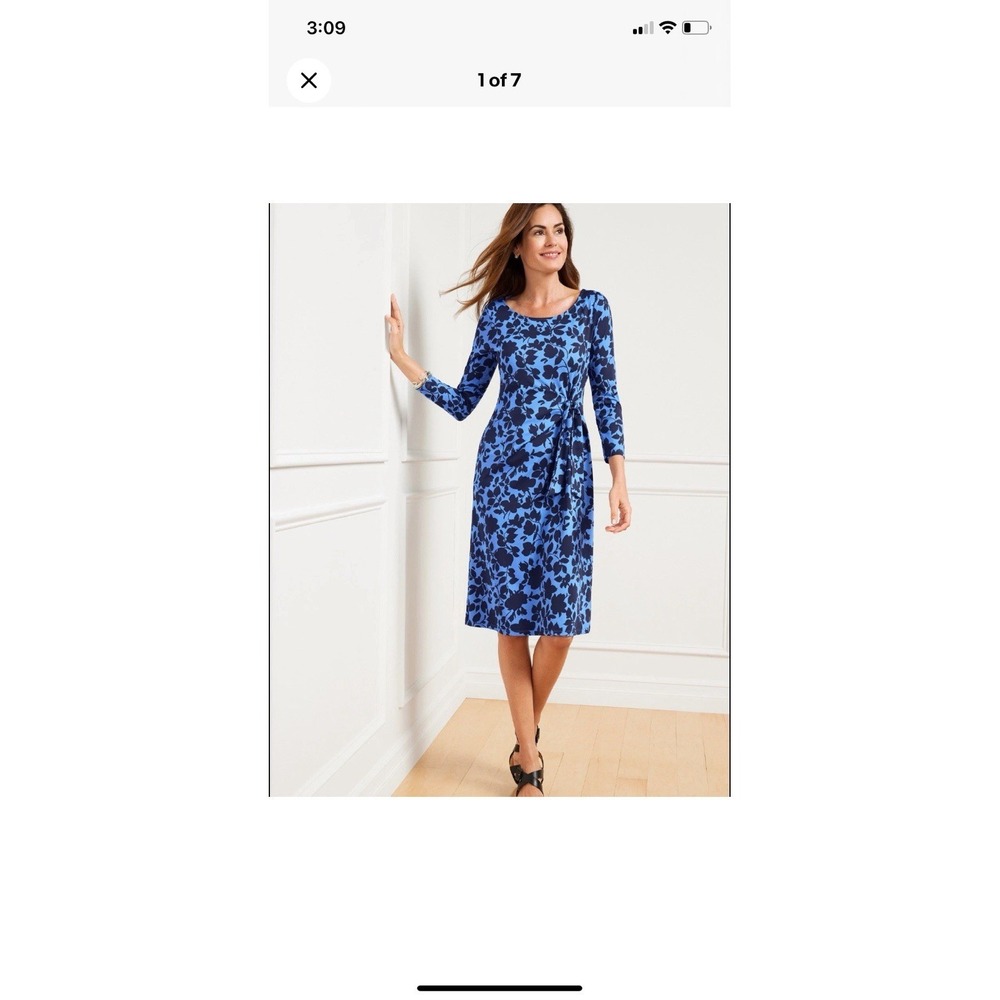 Talbots Women's Effortless Jersey Tie Detail Floral Dress Blue Size XS Stretch